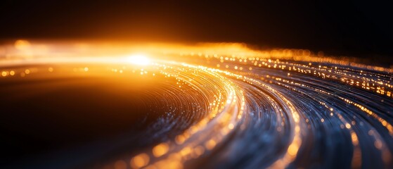 Poster - Dynamic abstract image of glowing fiber optics with golden light trails, symbolizing high-speed data transfer and digital connectivity in a futuristic setting.