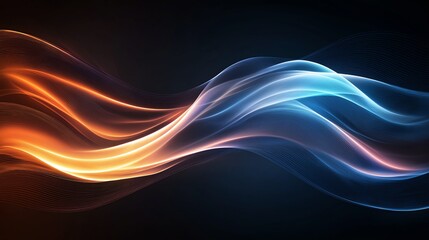Poster - Vibrant abstract background with dynamic, flowing orange and blue light waves on a dark backdrop. Perfect for creative designs, digital art, and modern multimedia projects.