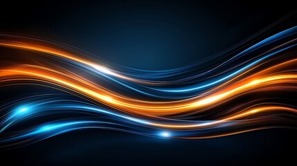Poster - Abstract glowing lines of blue and orange form dynamic waves against a dark background. Perfect for modern digital designs and technology themes.