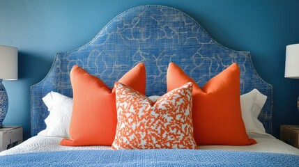 Sticker - Stylish ocean-themed bedroom with vibrant orange and blue decor