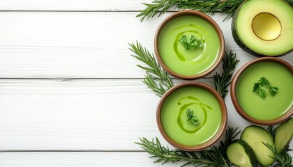 Wall Mural - Creamy Avocado Soup Bowls, Garnished with Parsley, on White Wood Background. Healthy Food