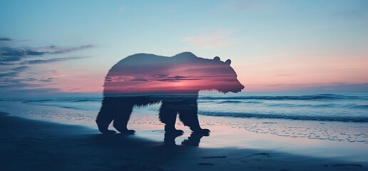 Aufkleber - A bear silhouette overlaid with a serene beach sunset.