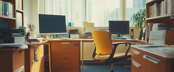 Poster - A bright office space with desks, computers, and an ergonomic chair.