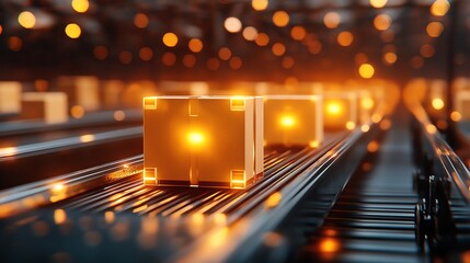 Poster - Futuristic automated conveyor with glowing parcels, symbolizing modern logistics and technology. Bright and efficient warehouse operation scene with bokeh lights.