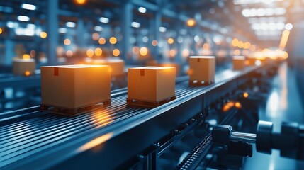 Poster - Automated assembly line with moving conveyor belts and cardboard boxes in a modern factory setting, showcasing efficiency and industrial technology.