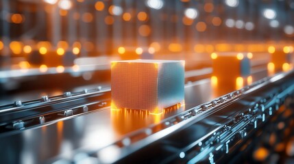 Poster - A futuristic conveyor system efficiently transports glowing cubes along a metallic track, showcasing advanced automation and innovative design in a high-tech environment.