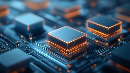 Aufkleber - A futuristic close-up image of a microchip on a circuit board with glowing elements signifying advanced technology, innovation, and digital transformation in a modern electronic co