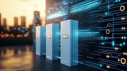 Poster - Futuristic data center with tall server units and digital grid background, illustrating modern technology and innovative data storage solutions in a sleek architectural setup.