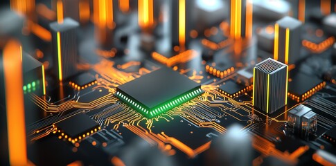 Aufkleber - Close-up view of a high-tech circuit board with intricate pathways and glowing components, showcasing advanced microchip technology and innovation in modern electronics.