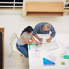 Poster - architect, tablet and team discussion in meeting with design strategy, financial framework and proje