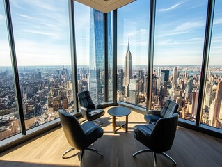 Wall Mural - City view, four chairs, small table, high floor.