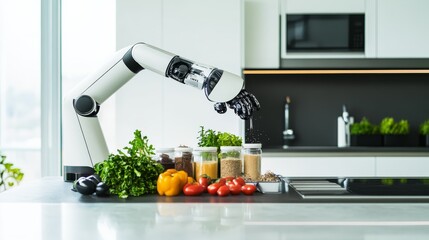 Wall Mural - A humanoid robot organizing kitchen ingredients on a countertop in a contemporary kitchen, focusing on neatness and clean design, Culinary style