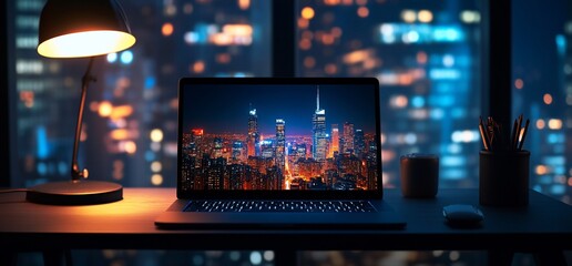 Poster - A laptop on a desk with a city skyline view at night.