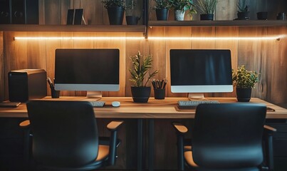 Poster - A modern workspace featuring two computers, plants, and a warm ambiance.