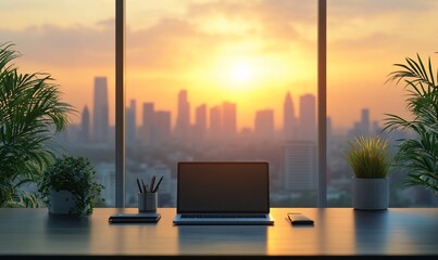 Poster - A serene office view at sunset with a laptop and city skyline.