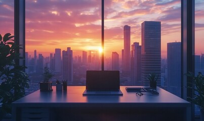 Poster - A serene office view at sunset, showcasing a city skyline and workspace.