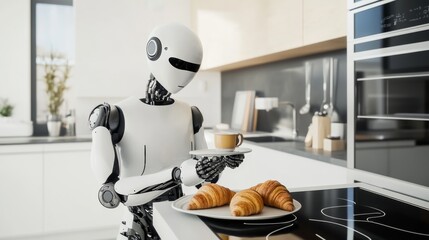 Wall Mural - A humanoid robot preparing a breakfast tray with croissants and coffee in a modern kitchen, focusing on neatness and clean design, Culinary style