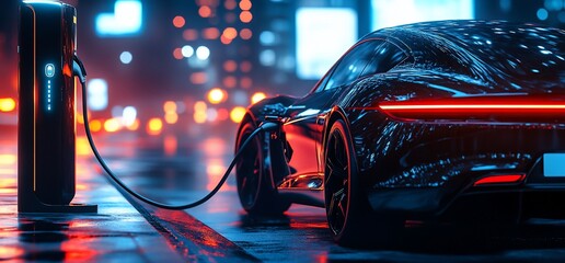 Poster - a sleek electric car charging at a futuristic station in a cityscape.