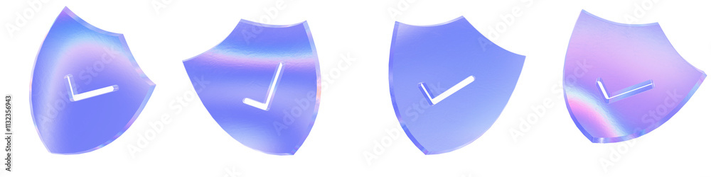 Set of 4 3d glass checkmark in a shield shape with aberration effect ...