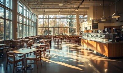 Poster - Bright and spacious caf? interior with wooden tables and large windows.