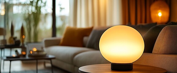 Poster - Cozy living room with a glowing lamp and modern furnishings.