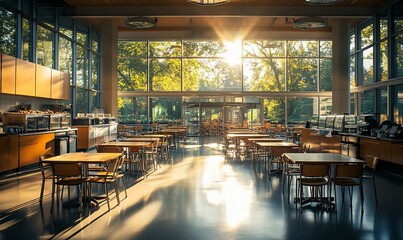Poster - Brightly lit caf? interior with tables and large windows showcasing nature.
