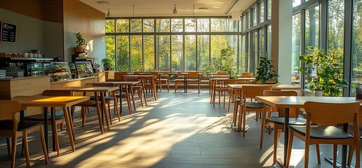 Poster - Bright caf? interior with wooden tables and plants, inviting atmosphere.