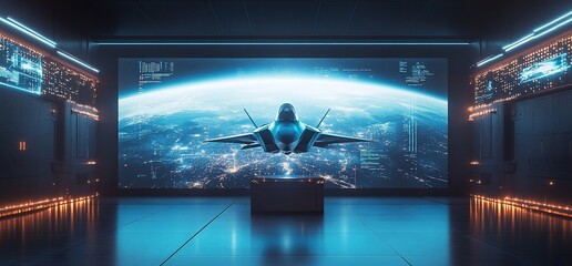 Poster - Futuristic aircraft in a high-tech environment with a view of Earth.