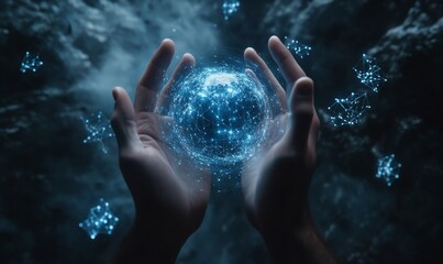 Poster - Hands holding a glowing, interconnected digital sphere in a dark environment.