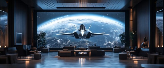 Poster - Futuristic lounge with a view of Earth and a stealth aircraft.