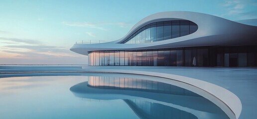 Poster - Modern architectural design featuring a sleek building by a tranquil pool.