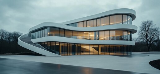 Poster - Modern architectural design featuring a sleek, curved building with large windows.