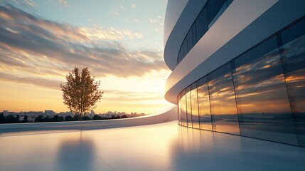 Aufkleber - Modern architectural design with a sunset backdrop and reflective surfaces.