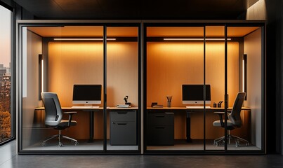 Poster - Modern office space with glass walls and warm lighting for productivity.