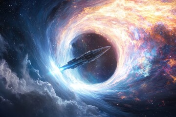 Poster - Exploring interstellar travel a sleek spacecraft navigating vibrant wormholes amidst star fields in advanced space technology