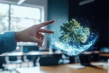 Poster - Innovative learning students interacting with educational holograms in a modern classroom
