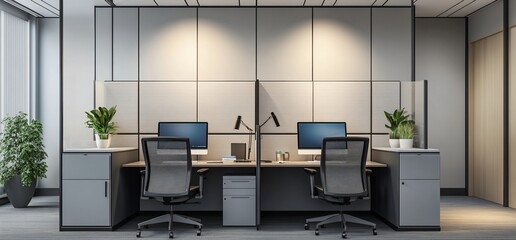 Poster - Modern office workspace with desks, computers, and plants for productivity.