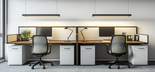Poster - Modern office workspace with desks, monitors, and ergonomic chairs.