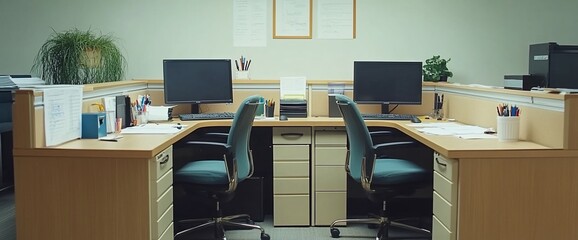 Poster - Two office desks with computers and organizational supplies in a workspace.