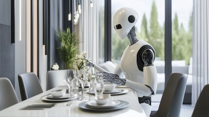 Wall Mural - A humanoid robot setting up a dining table with elegant tableware in a contemporary dining room, with a clean and stylish presentation, Elegant style