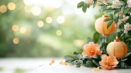 Poster - Delicate Chinese Lanterns Lined Along a String Hanging Elegantly on a Clean White Background with Ample Copy Space for Advertisements or Design Elements