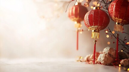 Poster - Delicate Chinese paper lanterns lined along a string hanging gracefully and illuminating the white background with plenty of copy space  This traditional festival creates a warm festive atmosphere