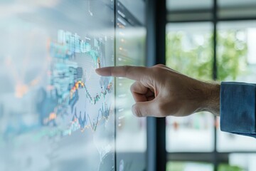 Poster - Pointing at an interactive data visualization dashboard in a modern conference room with graphs and analytics for professionals