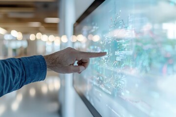 Poster - Pointing at an interactive data visualization dashboard in a modern conference space with graphs and analytics