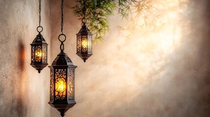 Poster - A photograph showcasing a single ornate lantern glowing softly surrounded by smaller hanging lanterns all placed on an isolated white background with ample copy space