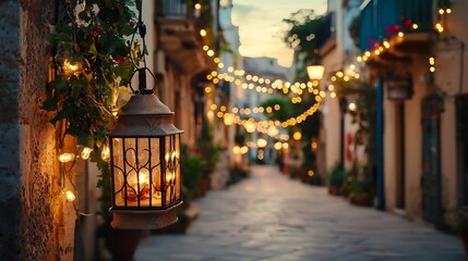 Poster - Decorative Asian style lanterns hanging in a zigzag pattern across a festive celebratory street scene  Styled on an isolated white background with generous room for text or graphics