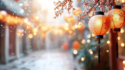 Poster - Photograph of decorative lanterns hanging in a zigzag pattern across a festive street styled on an isolated white background with generous room for text or graphics  The lanterns create a vibrant