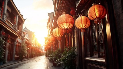 Poster - Softly Glowing Chinese Lanterns Illuminating a Tranquil Street at Dusk with Plenty of Clean Copy Space  Peaceful Calming Atmosphere with No Human Presence