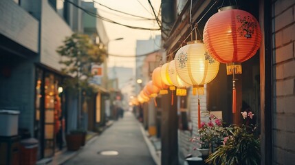 Poster - A row of decorative Chinese lanterns hanging across a narrow street illuminated softly against a bright sky with spacious copy space and no text numbers logos or human presence