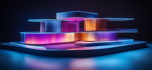 Aufkleber - A futuristic architectural model illuminated with vibrant neon colors.